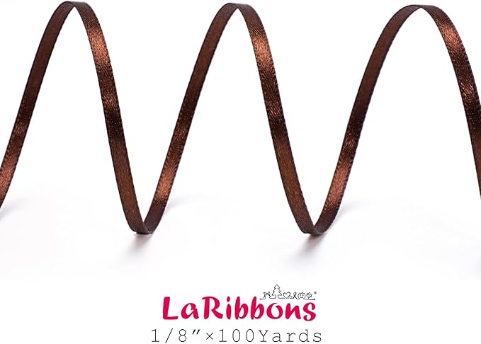 LaRibbons Brown Satin Ribbon 1/8 Inch 100 Yards Thin Luxury Double Faced Firar Brown Silk Ribbon for Flower Bouquet Crafts Gift Wrapping Wedding Christmas Decoration
