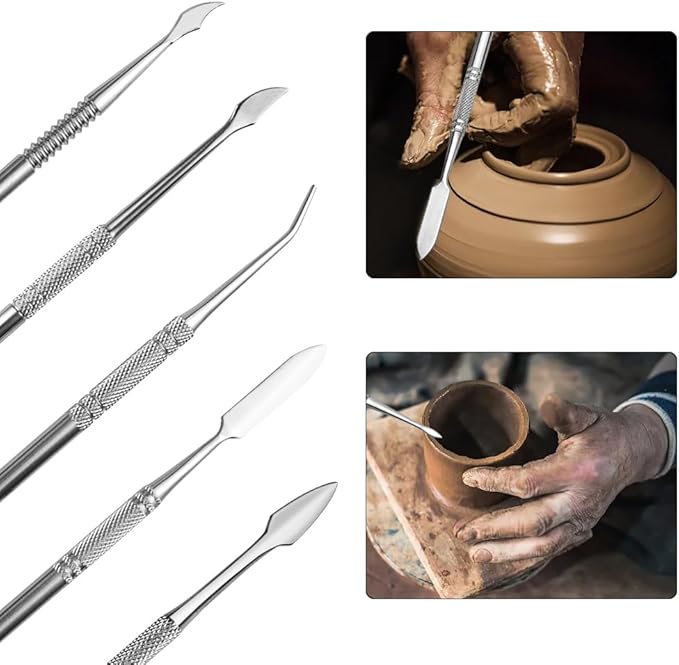 TOVOT 10PCS Stainless Steel Clay Sculpting Tools Metal Sculpting Tools Double-Side Clay Modeling Tools Wax Carving Tools (Silver)
