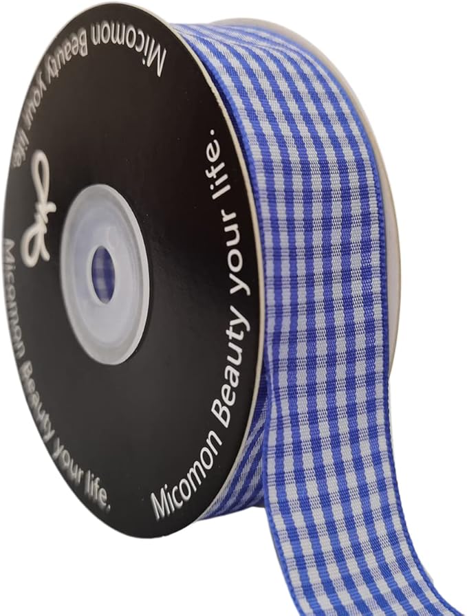 Blue and White Gingham Ribbon Plaid Ribbon 25 Yards Each Roll 100% Polyester (1", Blue)