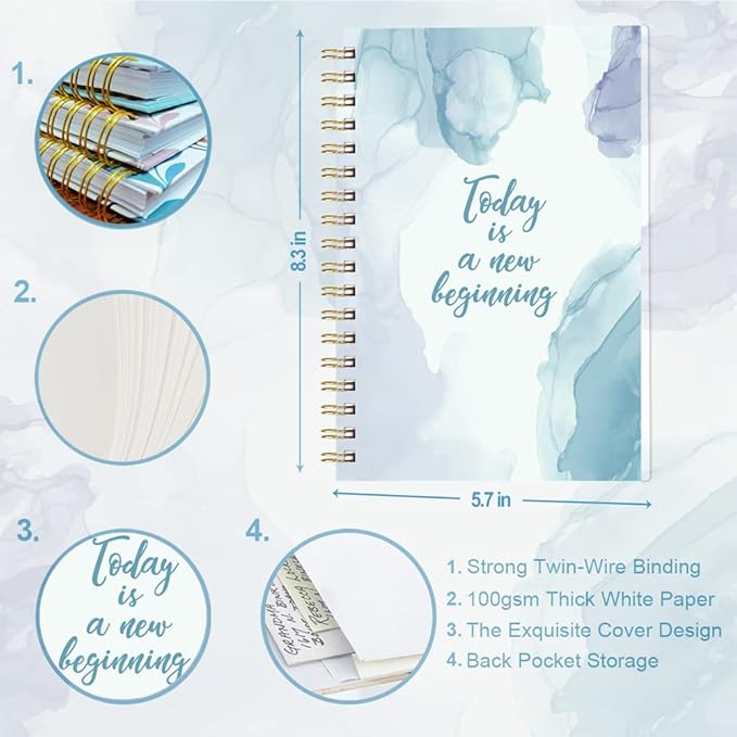 A5 Blank Notebook - 70 Sheets/140 Pages Blank Paper Notebook, 100 GSM Thick White Paper, 5.8" x 8.3" Spiral Blank Journal, Blue Watercolor