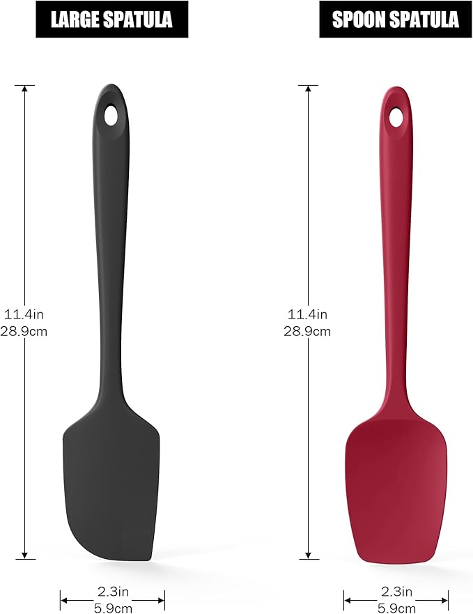 Doosu Silicone Scraper Spoon Spatulas, 600°F Heat Resistant BPA Free Rubber Flat Spatula, Kitchen Mixing Stirring Cooking Spoonula, Non-Stick Dishwasher Safe Baking Supplies (2 Pcs, Black+Red)