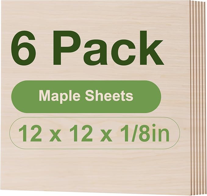 6 Pack Maple Plywood Sheets, 12 x 12 x 1/8 Inch, 3mm Plywood for Laser Cutting, Thin Unfinished Wood Sheets for Architectural Models, Wood Burning and DIY Crafts
