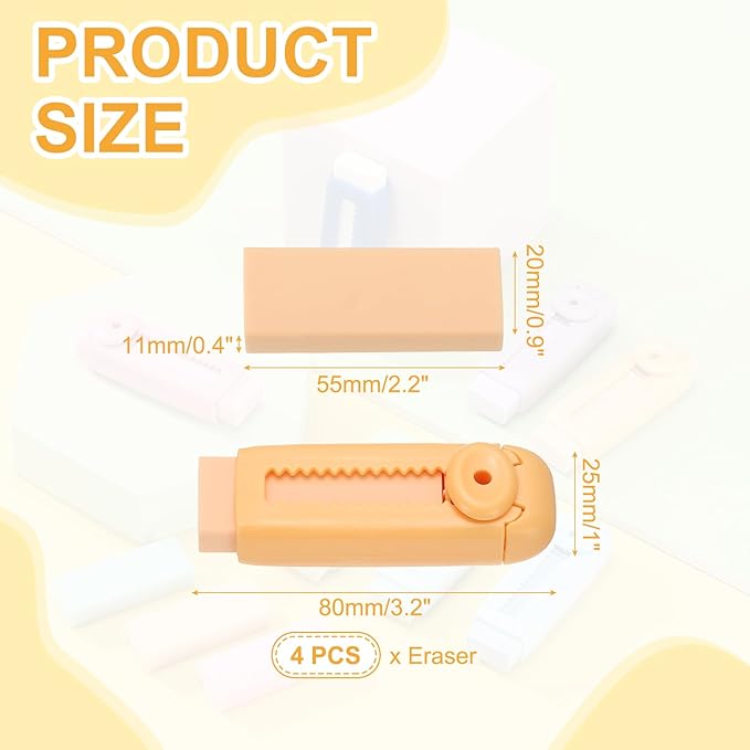 PATIKIL 4 Pack Erasers, Sliding Retractable Eraser Push Pull Cute Pencil Erasers Soft Large Easy to Clean with Plastic Sleeve for Sketching Drawing Artists Teacher Pencils, Orange