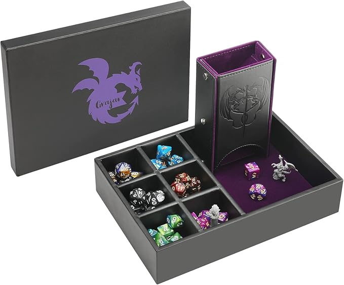 DND Dice Tray and Dice Tower with Storage, 3 in 1 Dice Rolling Tray with Lid, Portable Dice Box Storage, DND dice Holder for Dungeons and Dragons D&D RPG MTG Table Games - Purple