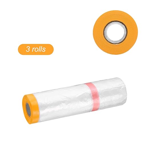 HARFINGTON 3 Rolls Pre-Taped Masking Film 78.7" x65.6ft Double Adhesive Tape and Drape Painters Plastic Drop Cloth Film with Tape Plastic Sheeting for Automotive Painting Covering