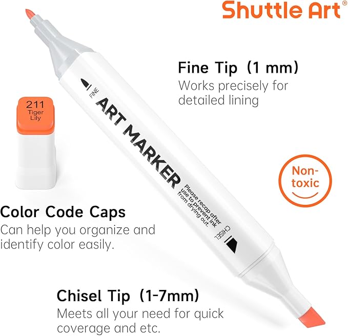 Shuttle Art 172 Colors Dual Tip Alcohol Based Art Markers,171 Colors plus 1 Blender Permanent Marker 1 Marker Pad with Case Perfect for Kids Adult Coloring Books Sketching and Card Making
