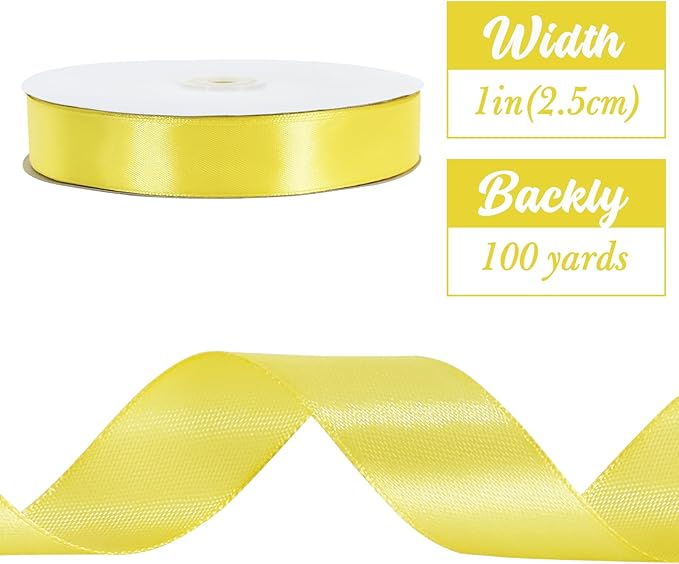 TONIFUL 1 Inch x 100yds Lemon Yellow Satin Ribbon, Thin Solid Color Satin Ribbon for Gift Wrapping, Crafts, Hair Bows Making, Wedding Party Decoration, Invitation Cards, Floral Bouquets, Christmas
