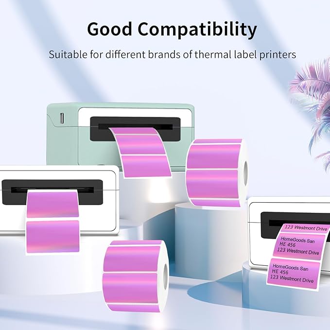 2.25"x1.25" Direct Thermal Labels, Holographic Thermal Printer Labels for Barcode, Self-Adhesive Address Shipping Thermal Label Stickers-1 Roll, 300 Labels, Holographic Pink