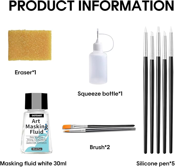 Watercolor Masking Fluid, Liquid Masking for Painting Watercolor Accessories with Silicone Pen Cleaning Brush Retouching and Covering for Painting and Various Art Projects Supplies,White 30ml