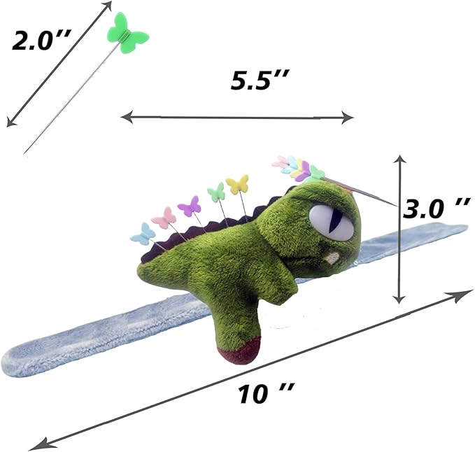 Cute Dinosaurs Wrist Pin Cushion for Sewing with Magnetic, Snap Bracelet Wrist Bands for Pins and Needles Include 50 Lovely Butterfly Straight Pins.