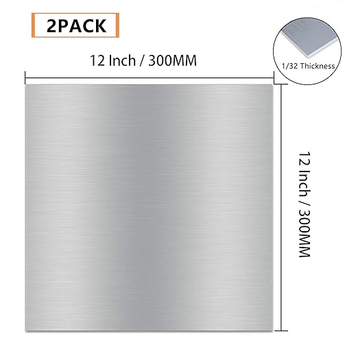 2Pack 6061 T651 Aluminum Sheet Metal 12 x 12 x 1/32 Inch Flat Plain Aluminum Plate Covered with Protective Film, Rectangle Aluminum Metal Plate for Crafting, DIY, Industrial, 0.8mm Thick