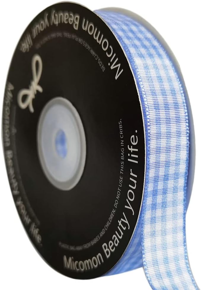 Light Blue Gingham Plaid Checked Ribbon 25 Yard Each Roll 100% Polyester (5/8", Light Blue)