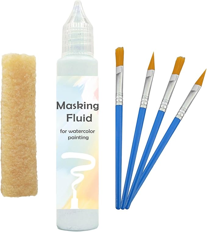 Blue Watercolor Masking Fluid - Professional Art Supplies with Brush & Eraser for Artists, Painting Medium Pen