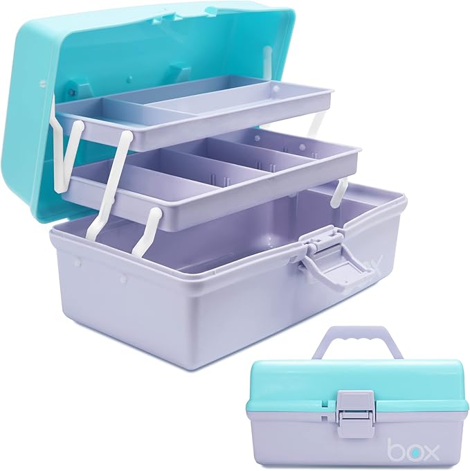 12in Three-Layer Multipurpose Storage Box Organizer Folding Tool Box/Art & Crafts Case/Sewing Supplies Organizer/Medicine Box/Family First Aid Box with 2 Trays (Purple Blue)