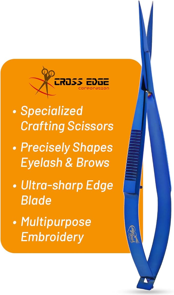 Cross Edge Spring Scissors 5 Inch straight Stainless Steel Precision Eyebrow & Eyelash Shaping & Trimming Scissor, Snips Squeeze, Embroidery & Knitting Micro Tip Craft (Blue)