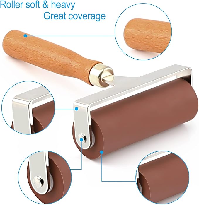 Soft Rubber Roller, Brayer Ideal for Anti Skid Tape Construction Tools, Print, Ink and Stamping Tools(4-Inch, Brown)
