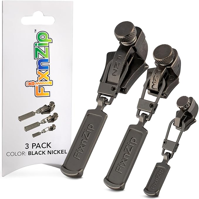 FixnZip (Black Nickel 3 Pack S,M,L) - Universal Zipper Repair Kit for Jackets, Luggage, Bags - Backpack Zipper Replacement Repair Kit