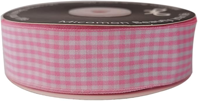 Pink and White Gingham Ribbon - 25 Yards Each Roll - 100% Polyester (1", Pink)