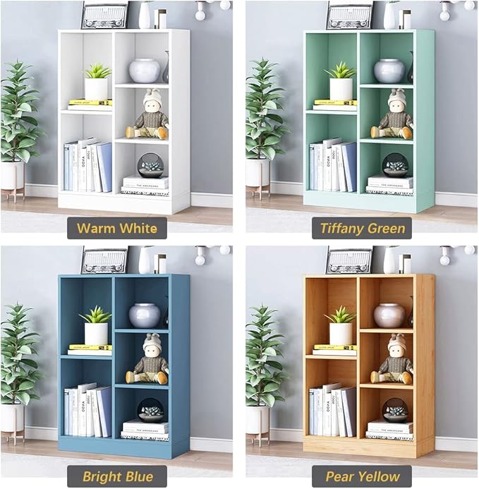 IOTXY Open Shelf Low Bookcase - Wooden 3-Tier Floor Standing Display Cabinet Organizer with Base, 5 Cubes Short Horizontal Bookshelf in Pear Yellow