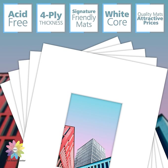 MBC Mat Board Center, 5 Pack 11x14 for 5x7 White Picture Mats Frame Mattes, Bevel Cut, Acid Free, 4-ply Thickness