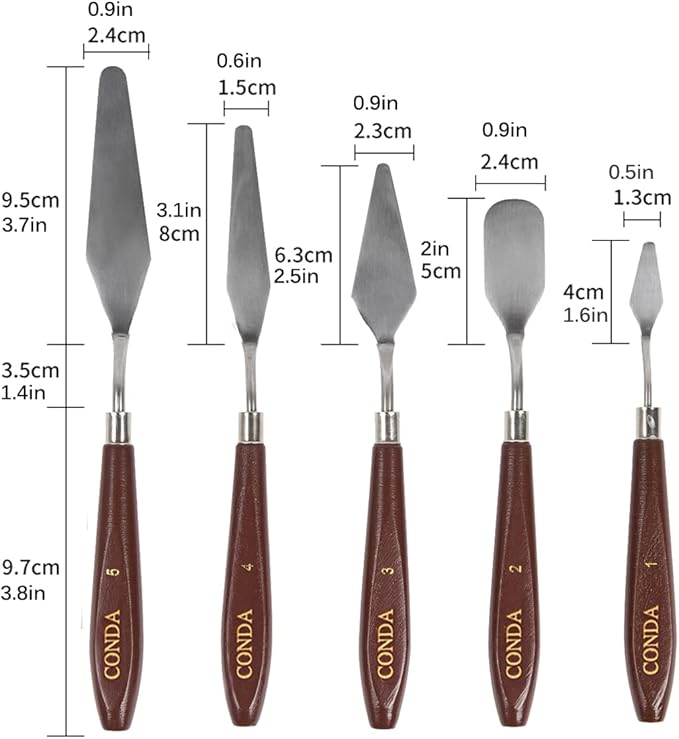 CONDA Palette Knife Painting Stainless Steel Spatula Palette Knife Oil Paint Metal Knives Wood Handle (Red 5 Piece)