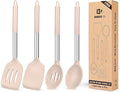 Pack of 4 Silicone Cooking Utensils Set, Non Stick Large Solid Spatulas, Heat Resistant Stainless Steel Khaki Slotted Spoons, Ideal BPA Free Kitchen Turners for Frying, Mixing,Serving,Draining,Turning