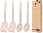 Pack of 4 Silicone Cooking Utensils Set, Non Stick Large Solid Spatulas, Heat Resistant Stainless Steel Khaki Slotted Spoons, Ideal BPA Free Kitchen Turners for Frying, Mixing,Serving,Draining,Turning
