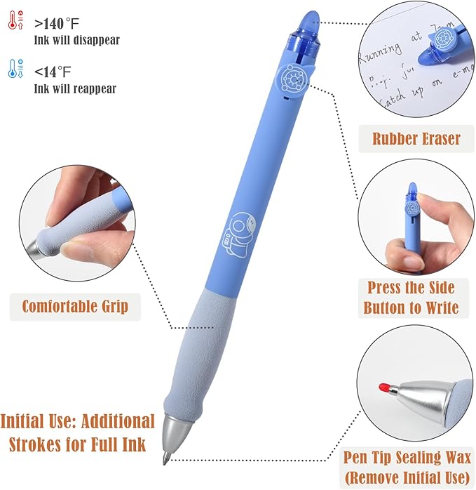 BAYTORY 8Pcs Cute Retractable Erasable Gel Pens, Blue and Black Ink Pen with Eraser Clear, Smooth Writing Comfortable to Use for Note Taking Marking Planner Crossword Puzzles (Blue)