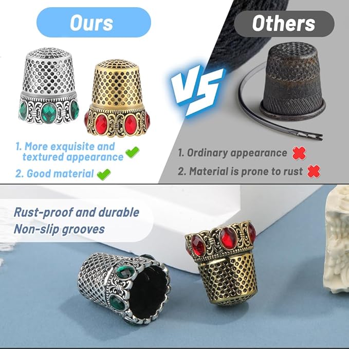 2 Pcs Vintage Sewing Thimble, Quilting Thimbles, Sewing Thimble Finger Protector, Vintage Fingertip Protector Thimbles, Metal Thimble, Sewing Quilting Craft Accessories Diy Sewing Tools (Sliver, Gold)