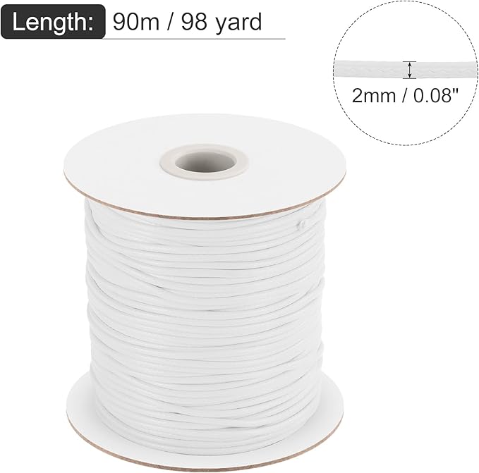 MECCANIXITY Waxed Cord 2mm Waxed Polyester Cord 98 Yard Wax String for Bracelet Making, Necklaces, Beading, Jewelry Making and DIY Crafts(White)