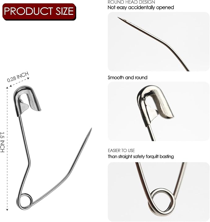 100 Pack Curved Safety Pins for Quilting Basting Pins 38mm/1.5inch Quilting Safety Pins Stainless Steel Quilting Pins