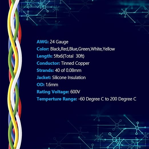 Fermerry 24 AWG Stranded Wire Spool 5ft Each 6 Colors Flexible 24 Gauge Silicone Hook up Wire Kit Electrical Tinned Copper Wire