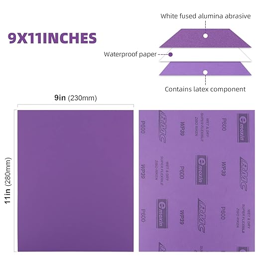 Sandpaper 600 Grit 20 PCS, Wet Dry Sanding Sheets 9 x 11 Inch, Purple Alumina Abrasive Sand Paper for Wood, Metal, Drywall, Resin, Automotive Sanding, Polishing, Grinding, by POLIWELL