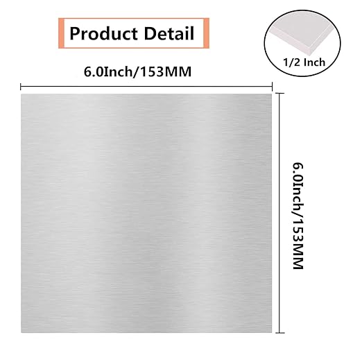 6061 T651 Aluminum Sheet Metal 6 x 6 x 1/2 (12.7MM) Inch Heat Treatable Rectangle 0.50" Thick Flat Plain Aluminum Metal Plate for Crafting, Industry, Covered with Protective Film