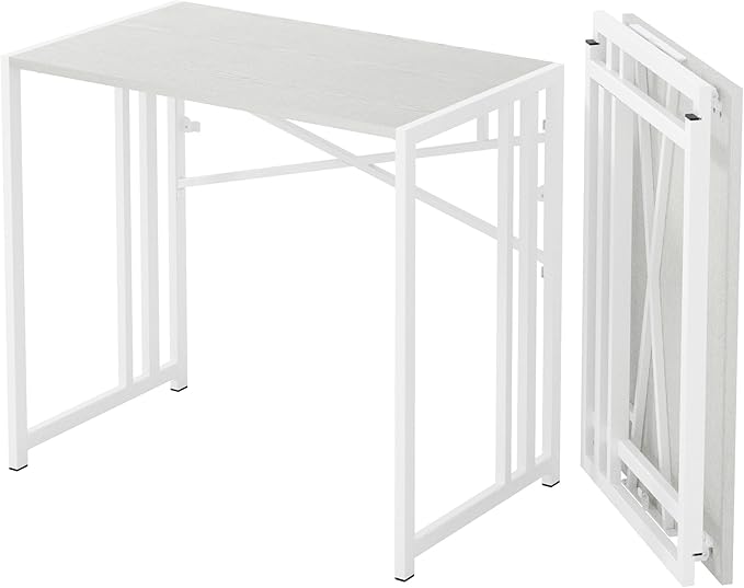 Small Folding Desk 35 inch, No Assembly Required Narrow Office Desk, Writing Gaming Computer Camping Table, White