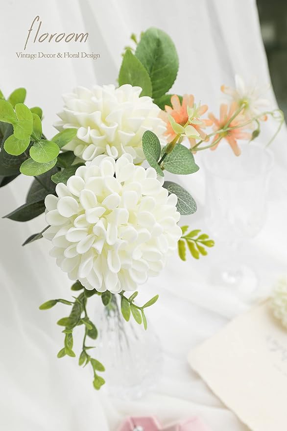 Floroom Artificial Dahlia Flowers 25pcs Real Looking Ivory Foam Fake Roses with Stems for DIY Wedding Bouquets White Bridal Shower Centerpieces Floral Arrangements Party Tables Home Decoration