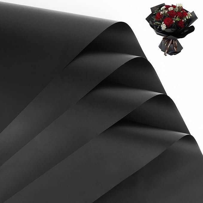 FUHITIM 20 Sheets Flower Wrapping Paper - Waterproof Floral Bouquet Packaging Paper for DIY Crafts，Florist Supplies Packaging Paper for Wedding Birthday Gift (Misty Black)