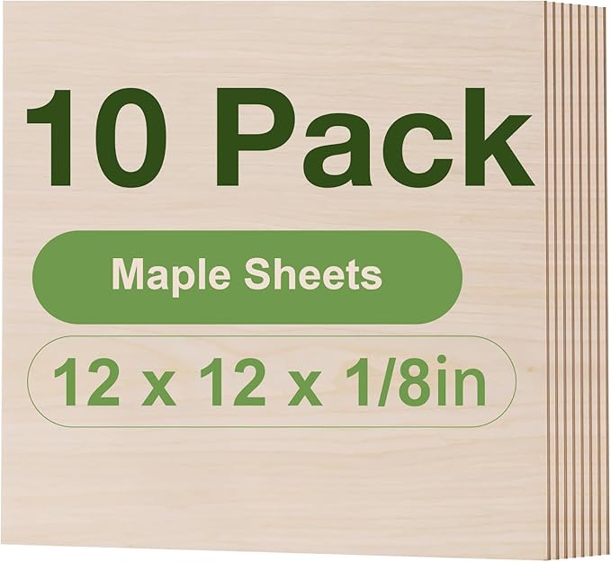 10 Pack Maple Plywood Sheets, 12 x 12 x 1/8 Inch, 3mm Plywood for Laser Cutting, Thin Unfinished Wood Sheets for Architectural Models, Wood Burning and DIY Wood Crafts