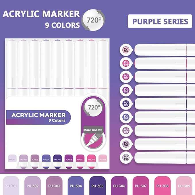 Water Based Acrylic Paint Markers, 9 Colors Acrylic Paint Pens Set with Soft Brush Tip, Marker Pen for Rock Painting, Egg, Wood, Glass, Paper, Mugs, Acrylic Painter Ink (Purple Series)