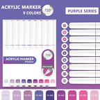 Water Based Acrylic Paint Markers, 9 Colors Acrylic Paint Pens Set with Soft Brush Tip, Marker Pen for Rock Painting, Egg, Wood, Glass, Paper, Mugs, Acrylic Painter Ink (Purple Series)