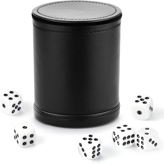 Felt Lined Dice Cup PU Leather Set, Quiet Shaker for Dice Board Family Games Yahtzee Farkle, Set of Six 16mm Rolling Dice Included