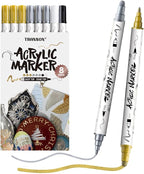 TRANSON 3 Gold, 3 Silver, 1 Black and 1 White Paint Markers Bold and Fine Dual-tip Acrylic Paint Marker Set for Rock Painting Glass Canvas Wood Leather Ceramic Painting