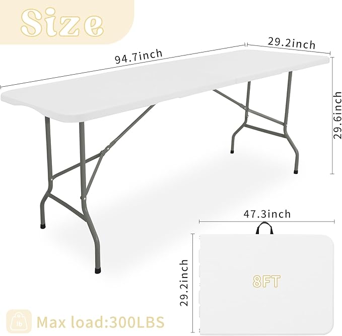 HAISIWLKJ Folding Table 8 FT Camping Table Portable Heavy Duty Plastic Rectangular Outdoor Dining Table Steel Legs Fold-in-Half with Carrying Handle for Indoor,Picnic,Party,Wedding,Events(White)