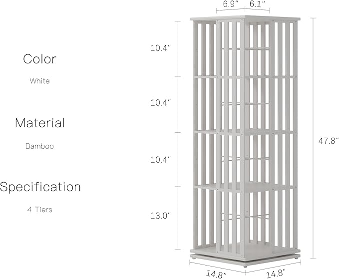 YOWOS Rotating Bookshelf Tower, 360 Display Spinning Bookcase, Bamboo Bookshelf Floor Standing Storage Rack, Wood Narrow Book Shelf Organizer for Kids&Adults (White, 4 Tier)