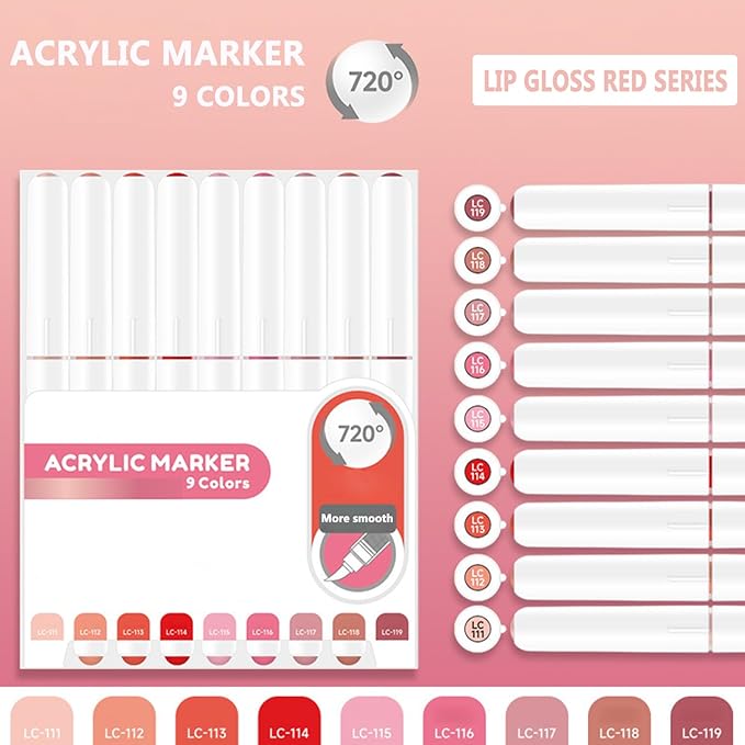 Water Based Acrylic Paint Markers, 9 Colors Acrylic Paint Pens Set with Soft Brush Tip, Marker Pen for Rock Painting, Egg, Wood, Glass, Paper, Acrylic Painter Ink (Lip Gloss Red Series)