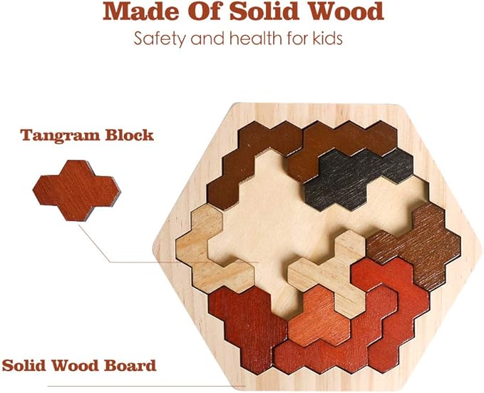 Skrtuan Wooden Hexagon Puzzle for Kids & Adults, Montessori STEM Educational Toy with Colorful Shapes, Logic IQ Brain Teaser Game for Kids, Geometry Tangram Gift