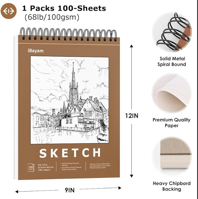 iBayam 9x12 Sketchbook, Spiral Bound Sketch Book for Kids, Teens Adults Artists Beginners, Drawing Supplies Art Supplies,100 Sheets (68lb/100gsm) Premium Drawing Pad for Sketching Writing Painting