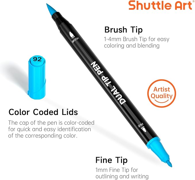 Shuttle Art Dual Tip Brush Pens, 96 Colours Fine and Brush Tip Markers Set with Pen Holder & 1 Colouring Book, Felt Tip Colouring Pens for Adults and Children Colouring Calligraphy Journal Doodling