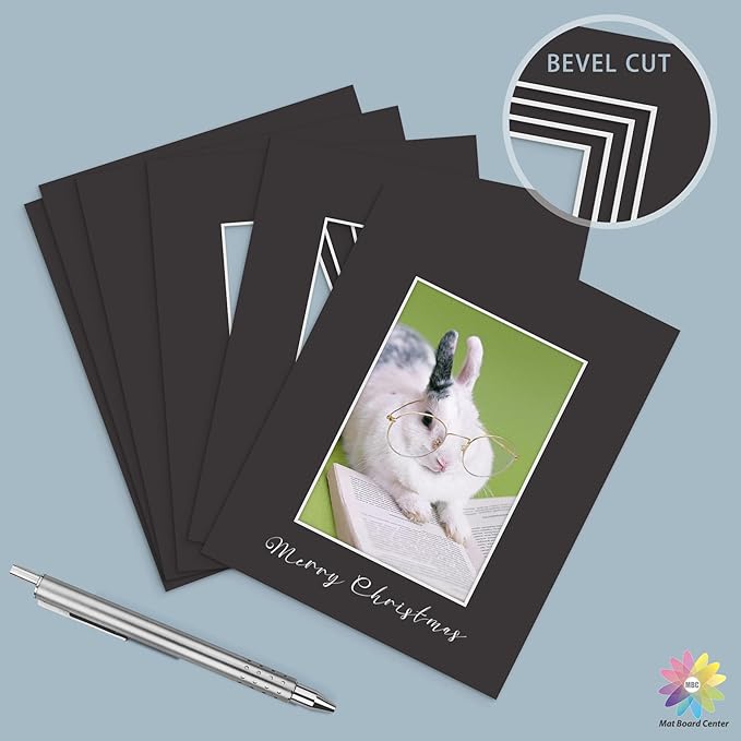 Mat Board Center, Pack of 50, 8x10 for 5x7 Black Mats - Acid Free, 4-ply Thickness, White Core - for Pictures, Photos, Framing