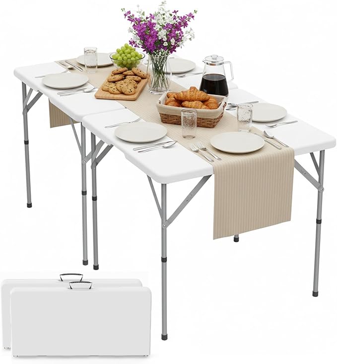 HLPB 34'' Square Folding Card Table 2 Pcs, Fold-in-Half Portable Dining Table with Handle and Safety Lock, Foldable Plastic Dining Table Indoor Outdoor for Camping, Picnic and Party Event, White
